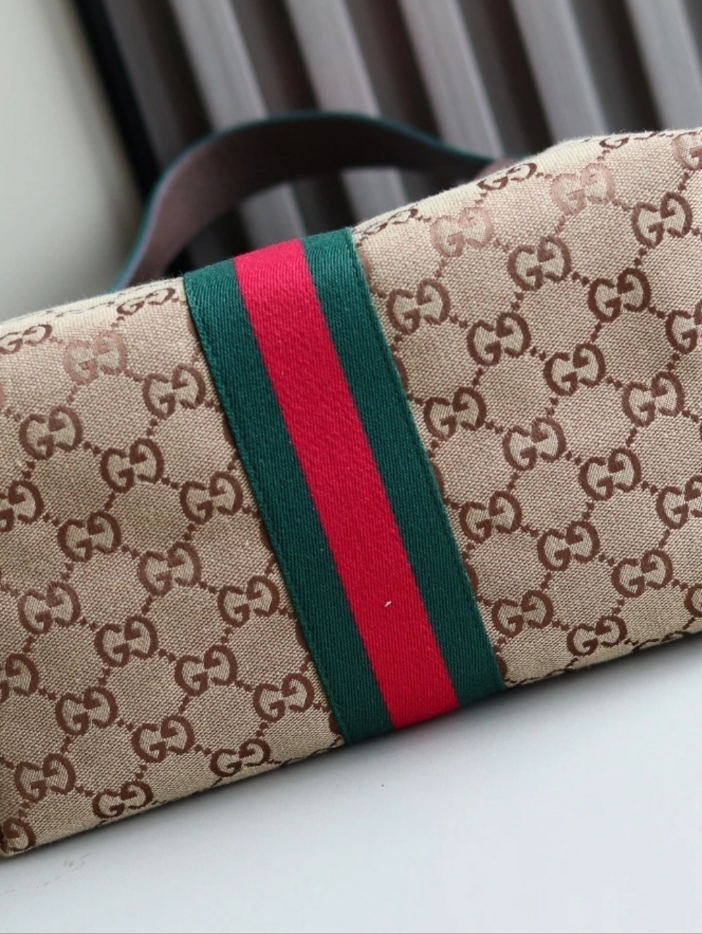 Canvas Cotton Supreme GIG Small Tote w/ Green/Red Stripe Brown LeatherTrim/strap - Picture 5 of 16